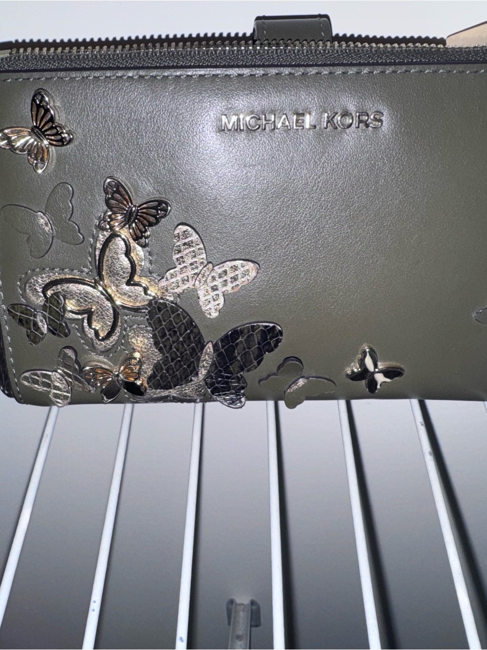 Michael Kors Olive Green Leather Wallet with Metallic Butterfly Accents
